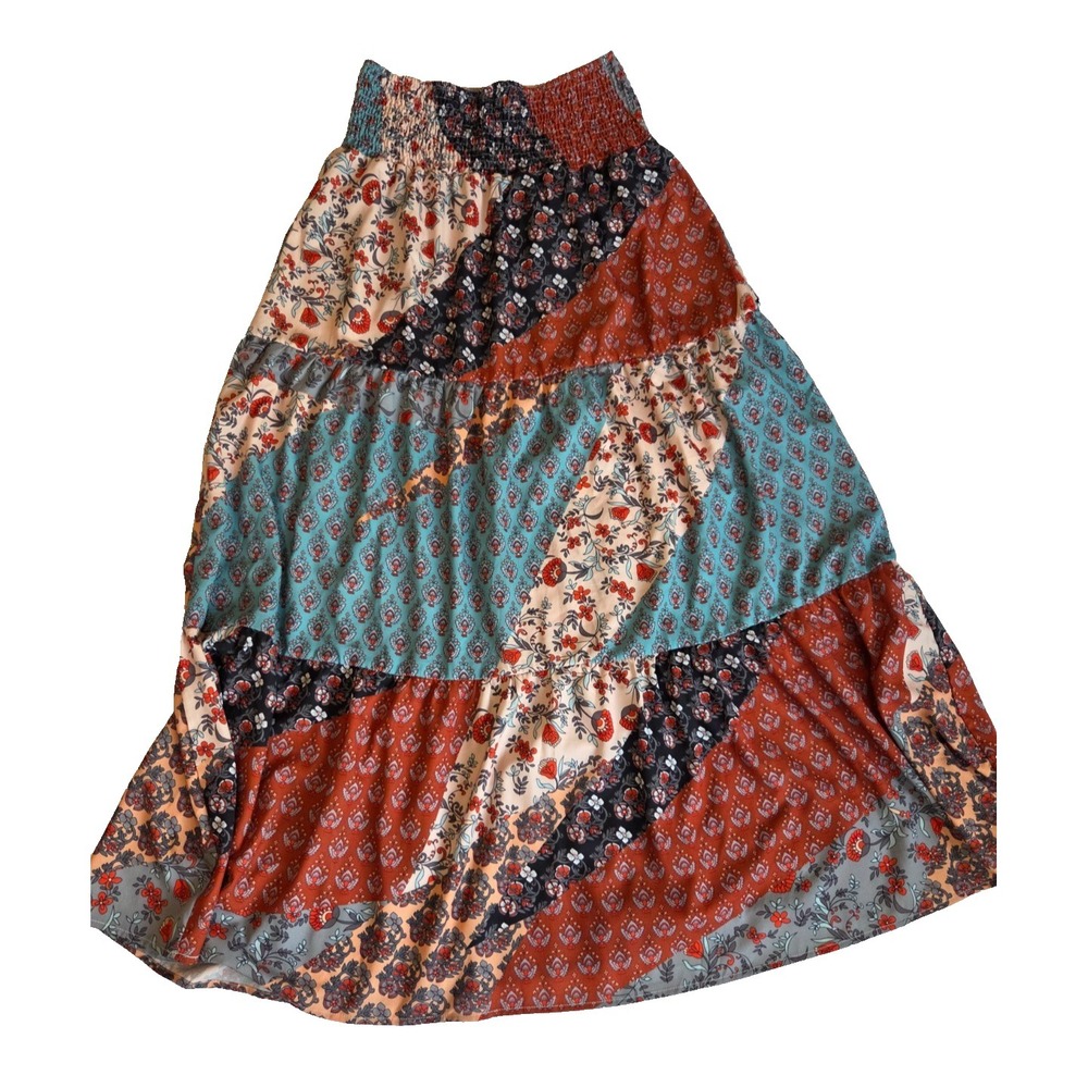 Unbranded Patchwork Peasant Tiered Elastic Waist Cottagecore Maxi Skirt Sz L